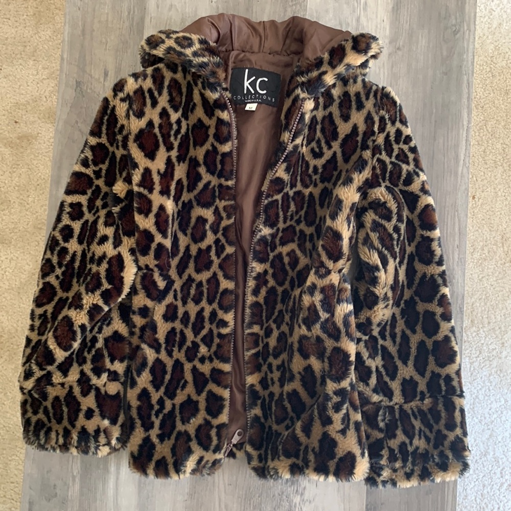 Faux fur, leopard print girls winter coat size medium